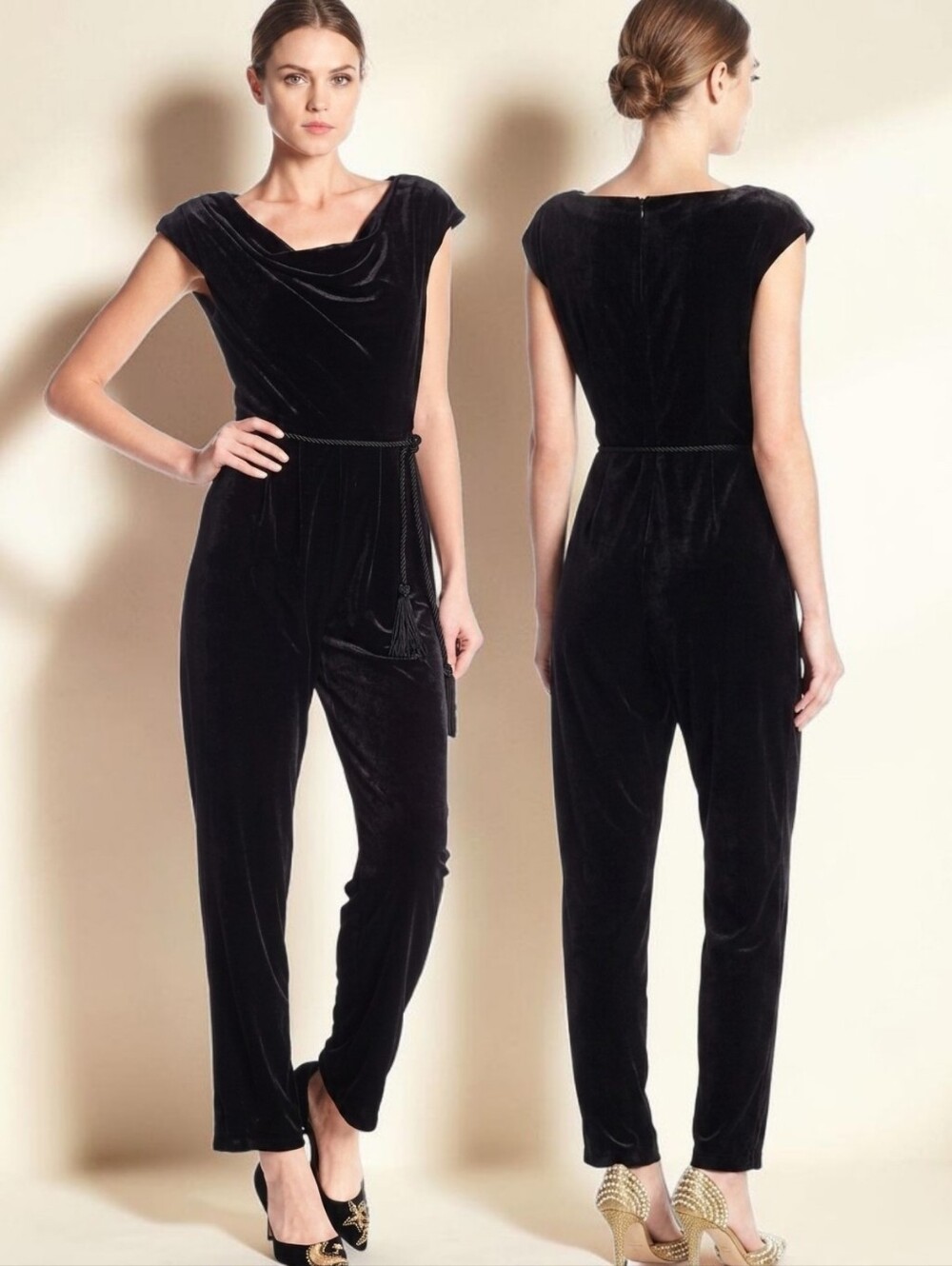ELIZA J Cowl Neck Black Stretch Velvet Rope Tassle Belted Jumpsuit - Size 8